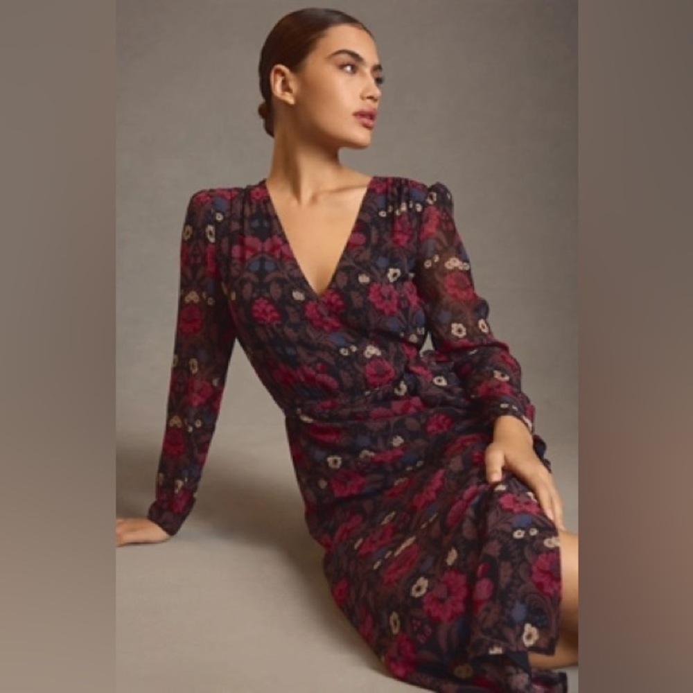 PAIGE Ledara Floral Silk Long Sleeve Faux Wrap Midi Dress in Black Multi Sz XS - Picture 13 of 14